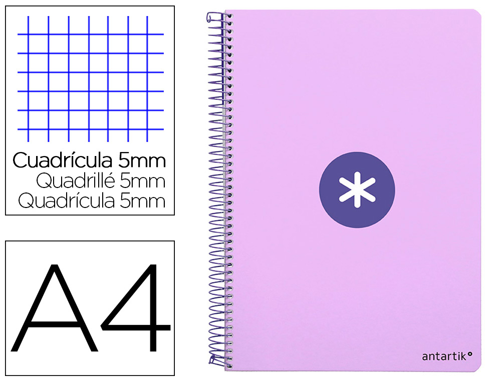 CADERNO ESPIRAL LIDERPAPEL DIN A4 ANTARTIK CAPA DURA 80 F 100 GR QUADRICULA 5 MM COM MARGEM COR LAVANDA