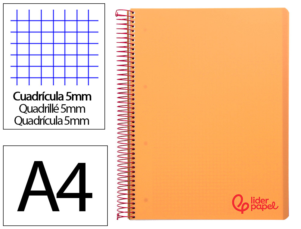 CADERNO ESPIRAL LIDERPAPEL DIN A4 WONDER CAPA PLASTICO 120 F 90 GR QUADRICULA 5 MM 5 BANDAS DE CORES 4 FUROS LARANJA