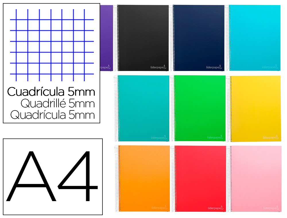 CADERNO ESPIRAL LIDERPAPEL DIN A4 JOLLY CAPA DURA 140 F 75 GR QUADRICULA 5MM 5 BANDAS DE CORES 4 FUROS CORES SORTIDAS
