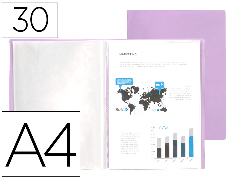 CAPA CATALOGO LIDERPAPEL 30 BOLSAS POLIPROPILENO DIN A4 LAVANDA OPACO