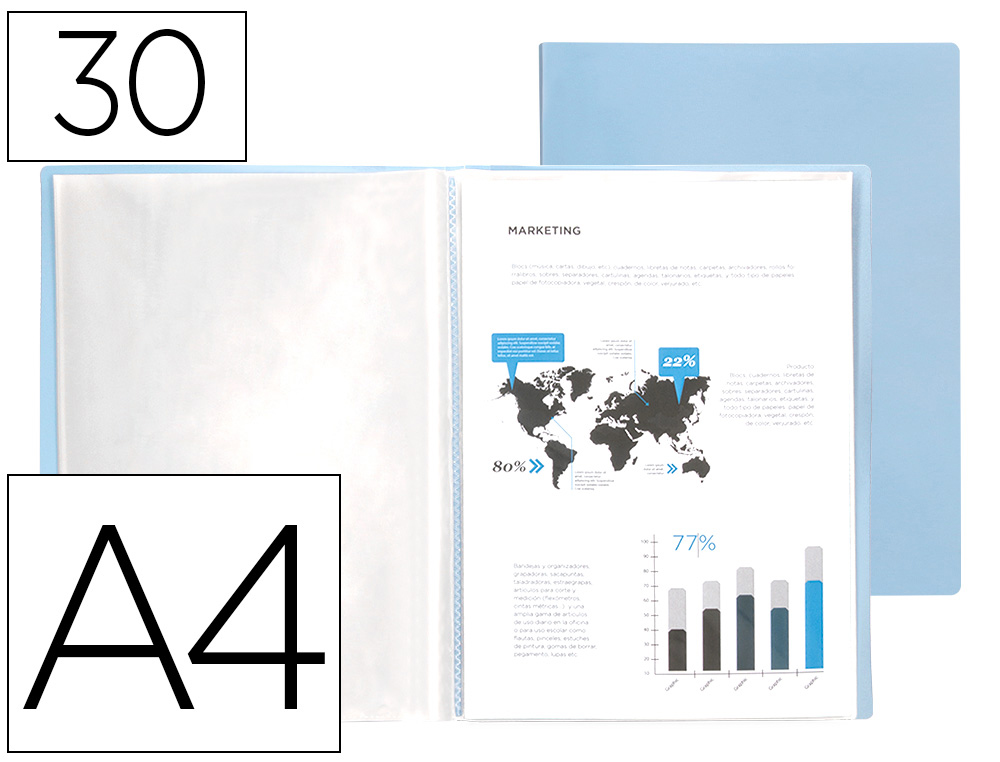 CAPA CATALOGO LIDERPAPEL 30 BOLSAS POLIPROPILENO DIN A4 CELESTE OPACO