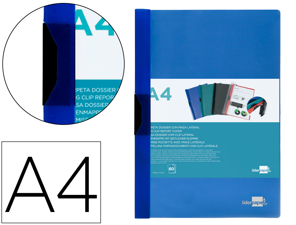 BOLSA DOSSIER LIDERPAPEL COM CLIP LATERAL DIN A4 AZUL TRANSLUCIDO 60 FOLHAS