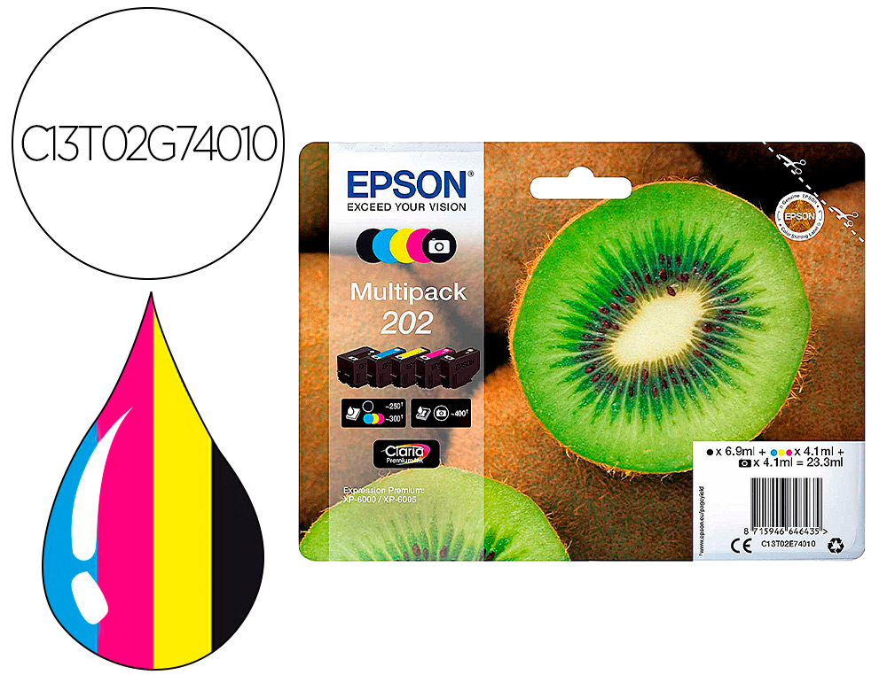 TINTEIRO EPSON 202 XL XP-6000 / XP-6005 / XP-6100 / XP-6105 PACK 5 PRETO AMARELO CIAN MAGENTA PHOTO PRETO 650 PAG