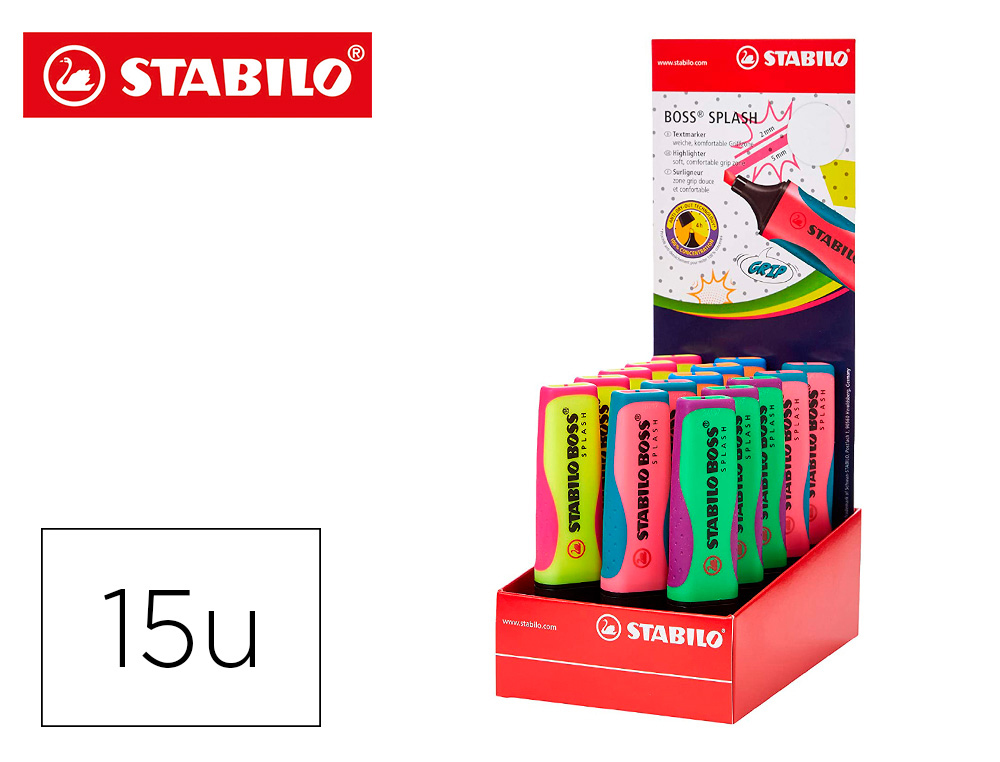 MARCADOR STABILO BOSS SPLASH 75 EXPOSITOR DE SECRETARIA DE 15 UNIDADES CORES SORTIDAS