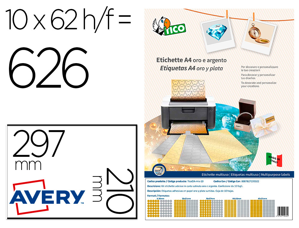 ETIQUETA ADESIVA AVERY TICO PAPEL ACETINADO OURO / PRATA LASER MEDIDAS SORTIDAS PACK DE 626 ETIQUETAS