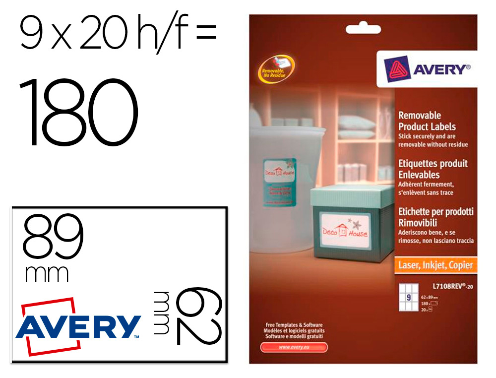 ETIQUETA ADESIVA AVERY REMOVIVEL PARA IMPRESSORA LASER INJEO DE TINTA E FOTOCOPIADORA BRANCA 62X89 MM