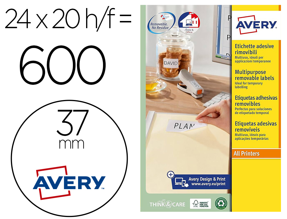 ETIQUETA ADESIVA AVERY BRANCA REDONDA REMOVIVEL PARA IMPRESSORA LASER INJEO DE TINTA E FOTOCOPIADORA 37 MM