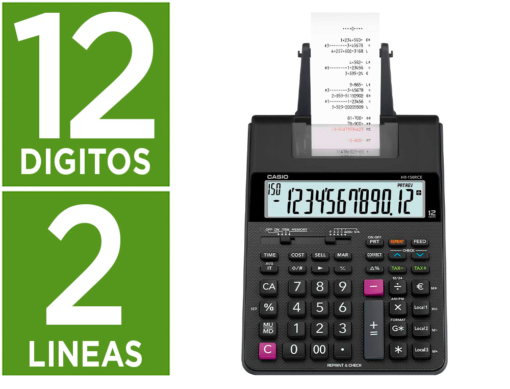 CALCULADORA CASIO HR-150RCE IMPRESSORA ECRA LC PAPEL 58 MM IMPRESSAO BICOLOR 12 DIGITOS AC/DC COR PRETO