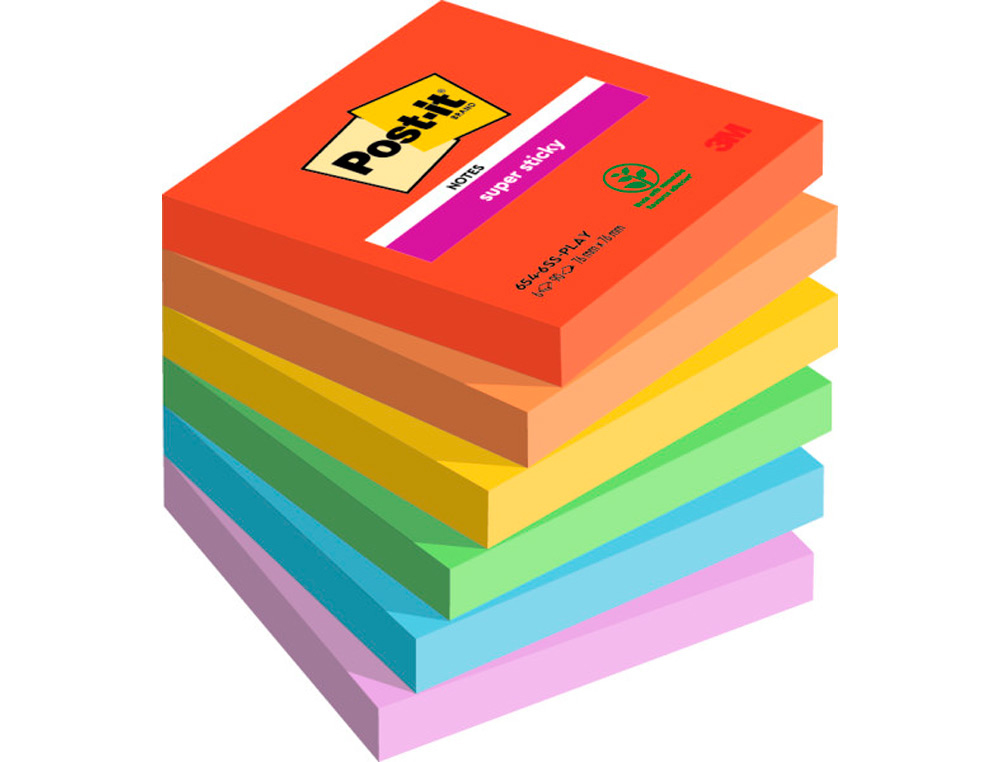 BLOCO DE NOTAS ADESIVAS POST-IT SUPER STICKY PLAYFUL 76X76 MM 90 FOLHAS 100% PEFC PACK DE 6 UNIDADES