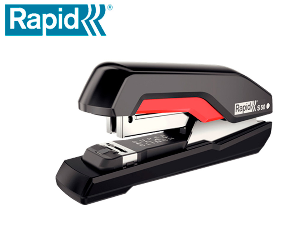 AGRAFADOR RAPID SUPREME S50 PLASTICO CAPACIDADE 50 FOLHAS USA AGRAFES 24/6-8+ E 26/6-8+ COR PRETO/VERMELHO
