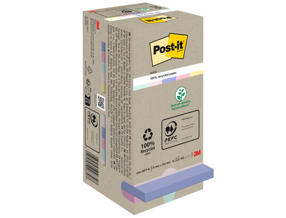 BLOCO DE NOTAS ADESIVAS POST-IT 76X76 MM 100% RECICLADO PEFC EM TORRE PACK DE 16 UNIDADES CORES SORTIDAS