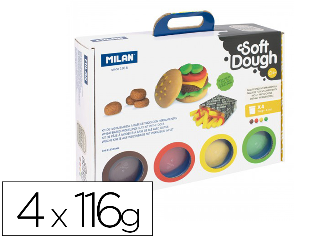 PASTA MILAN PARA MODELAR SOFT DOUGH CASA DOS HAMBURGUERES COM FERRAMENTAS MALA COM 4 FRASCOS CORES SORTIDAS 116 G