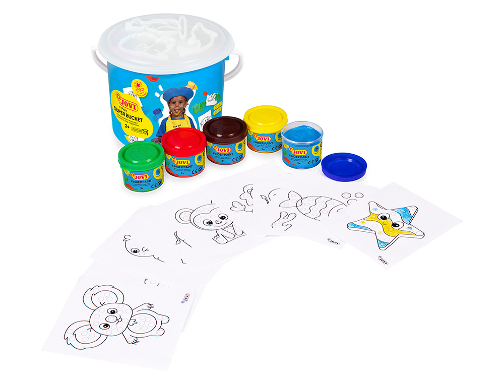 PINTURA A DEDOS JOVI BUCKET SUPER KIT 5 FRASCOS 35 ML + 20 MODELOS DESENHO