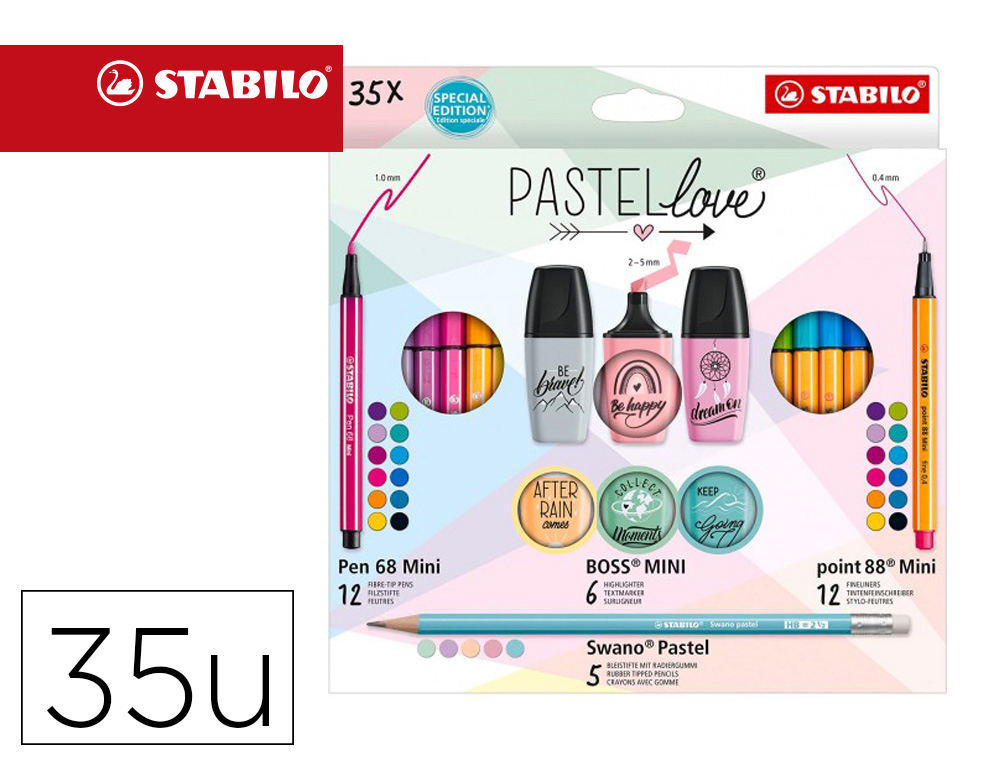 CONJUNTO STABILO PASTEL LOVE MINI WORLD PEN 68 / POINT 88 / BOSS / SWANO 35 UNIDADES SORTIDAS