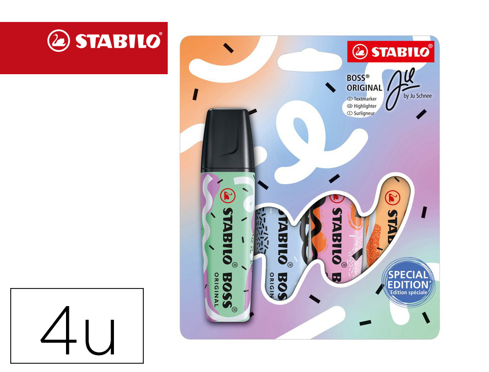 MARCADOR FLUORESCENTE STABILO BOSS ORIGINAL PASTEL BY JU SCHNEE ESTOJO DE 4 CORES SORTIDAS