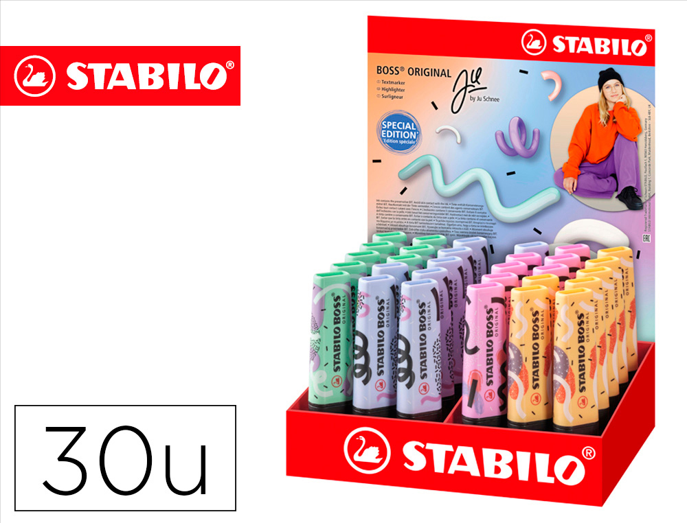 MARCADOR FLUORESCENTE STABILO BOSS ORIGINAL PASTEL BY JU SCHNEE EXPOSITOR DE 30 UNIDADES CORES SORTIDAS