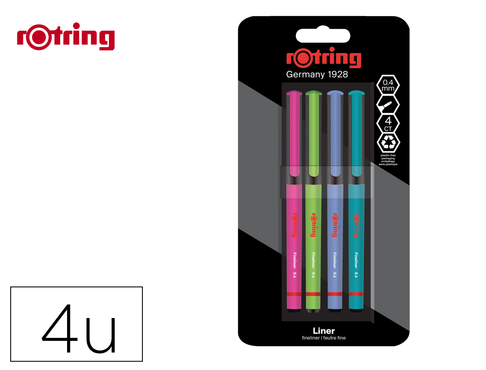 MARCADOR ROTRING FINELINER PONTA METALICA 0,4 MM PACK DE 4 CORES SORTIDAS