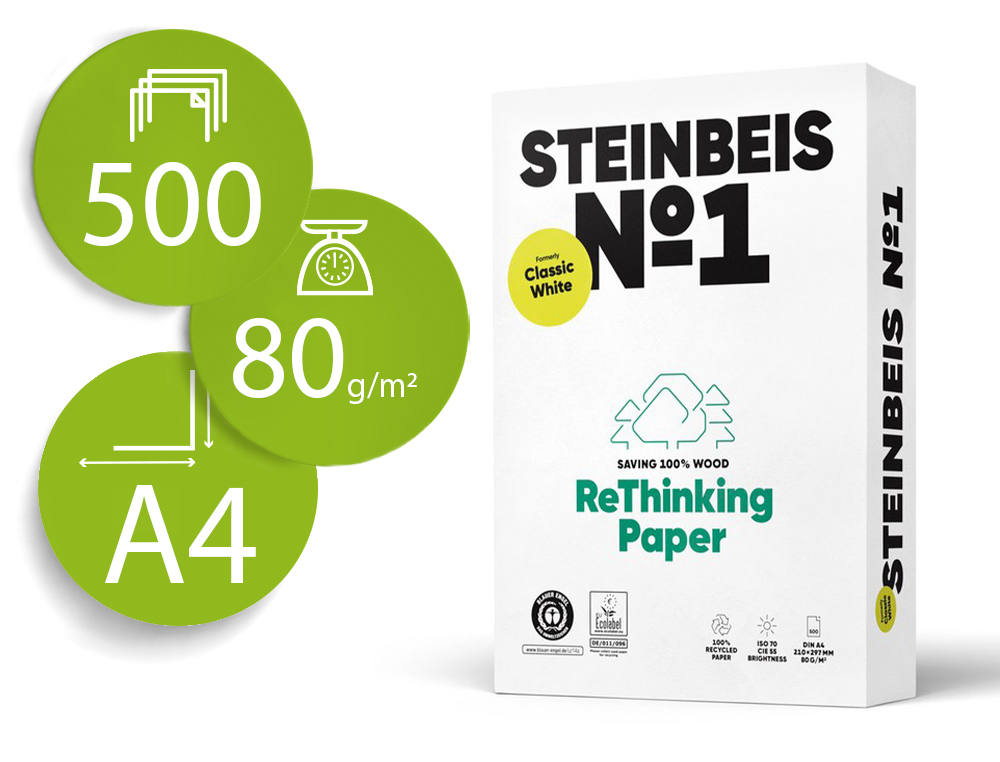 PAPEL FOTOCOPIA STEINBEIS N.1 100% RECICLADO DIN A4 80 GR EMBALAGEM DE 500 FOLHAS