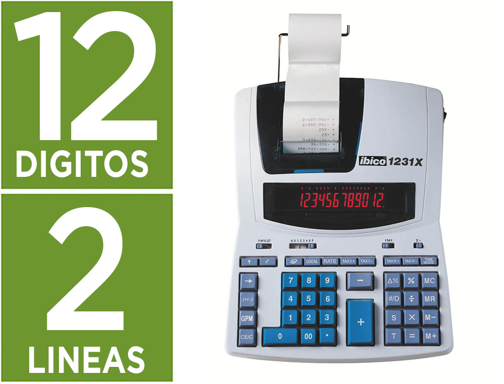 CALCULADORA IBICO 1231X IMPRESSORA ECRA LCD PAPEL 57 MM 12 DIGITOS 2 CORES IMPRESSAO BICOLOR BRANCO/AZUL 230X75X300 MM