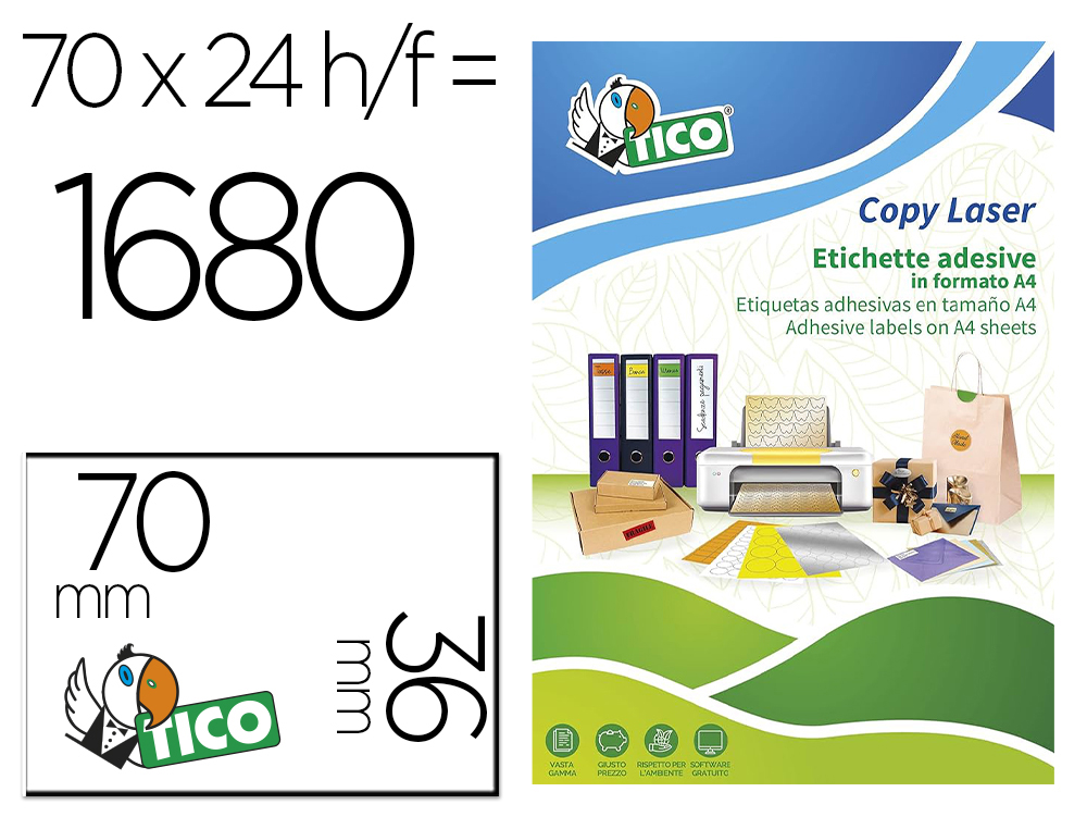 ETIQUETA ADESIVA TICO AMARELO FLUOR PERMANENTE CERTIFICADO FSC LASER/JATO TINTA/FOTOCOPIA 70X36 MM CAIXA 1680 UDS