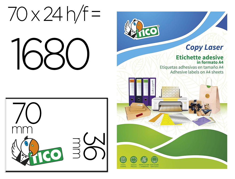 ETIQUETA ADESIVA TICO VERMELHO FLUOR PERMANENTE CERTIFICADO FSC LASER/JATO TINTA/FOTOCOPIA 70X36 MM CAIXA 1680 UDS