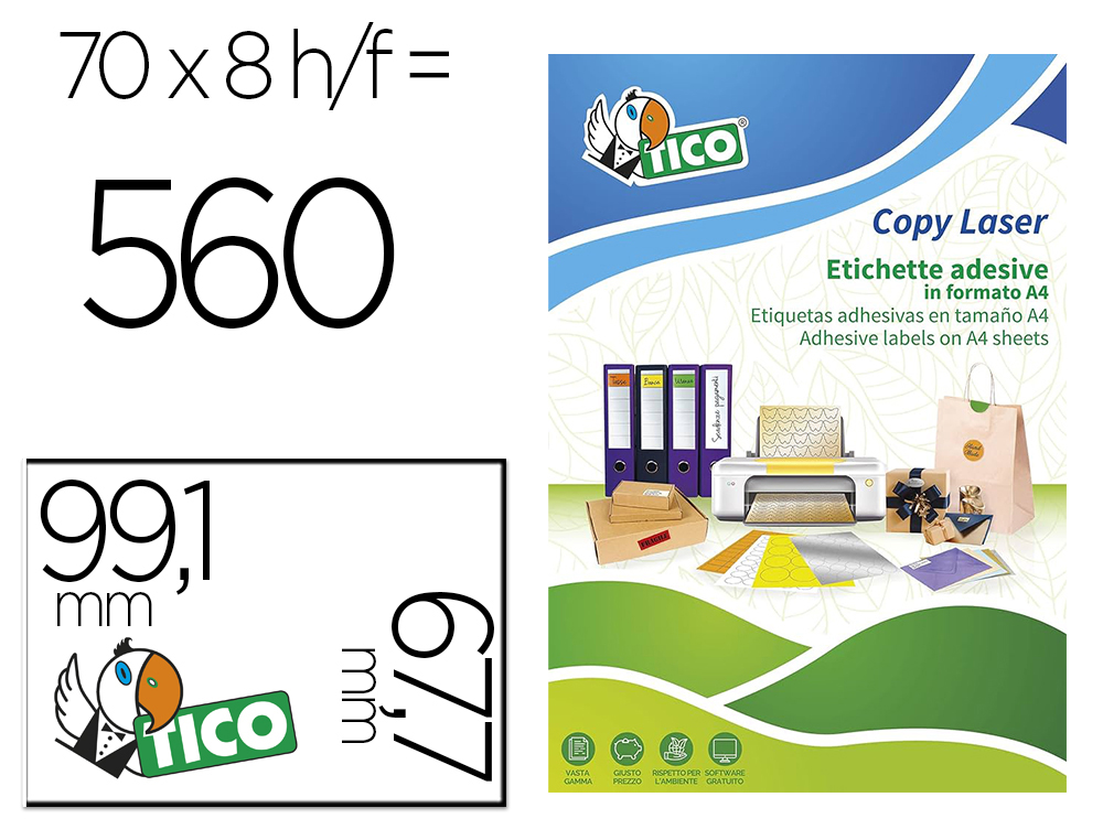 ETIQUETA ADESIVA TICO AMARELO FLUOR PERMANENTE CERTIFICADO FSC LASER/JATO TINTA/FOTOCOPIA 99,1X67,7 MM CAIXA 560 UDS