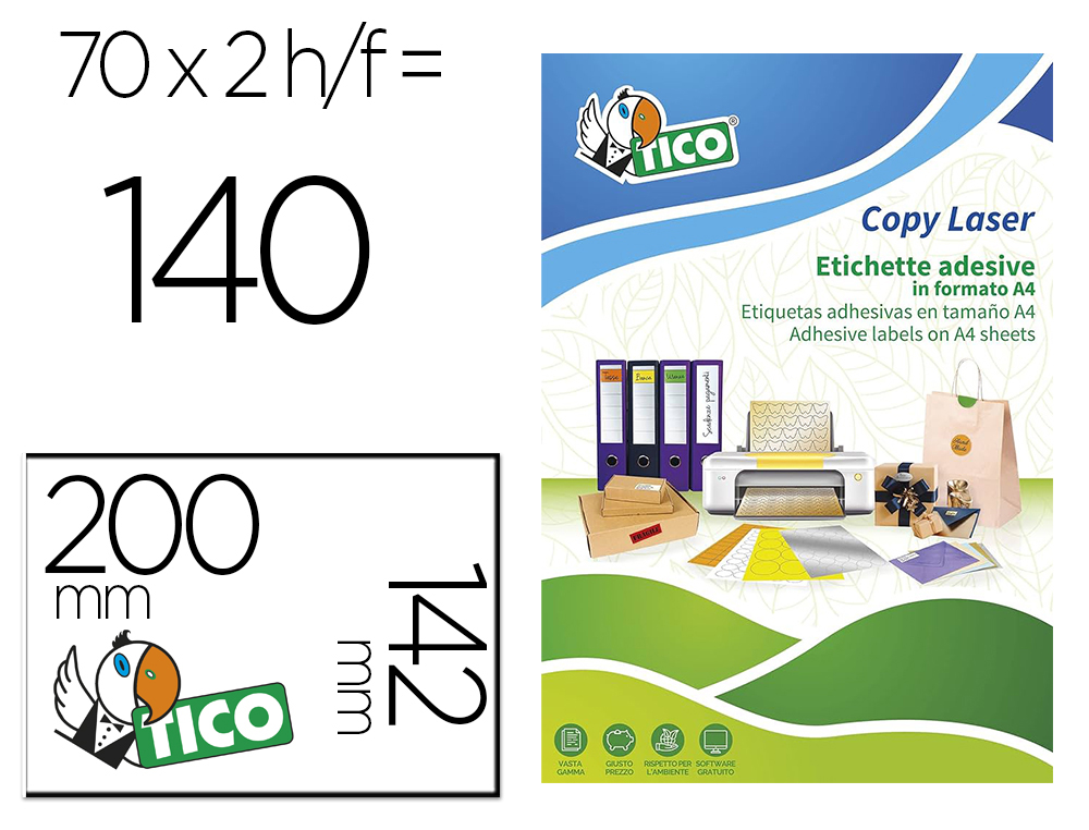 ETIQUETA ADESIVA TICO AMARELO FLUOR PERMANENTE CERTIFICADO FSC LASER/JATO TINTA/FOTOCOPIA 200X142 MM CAIXA 140 UDS