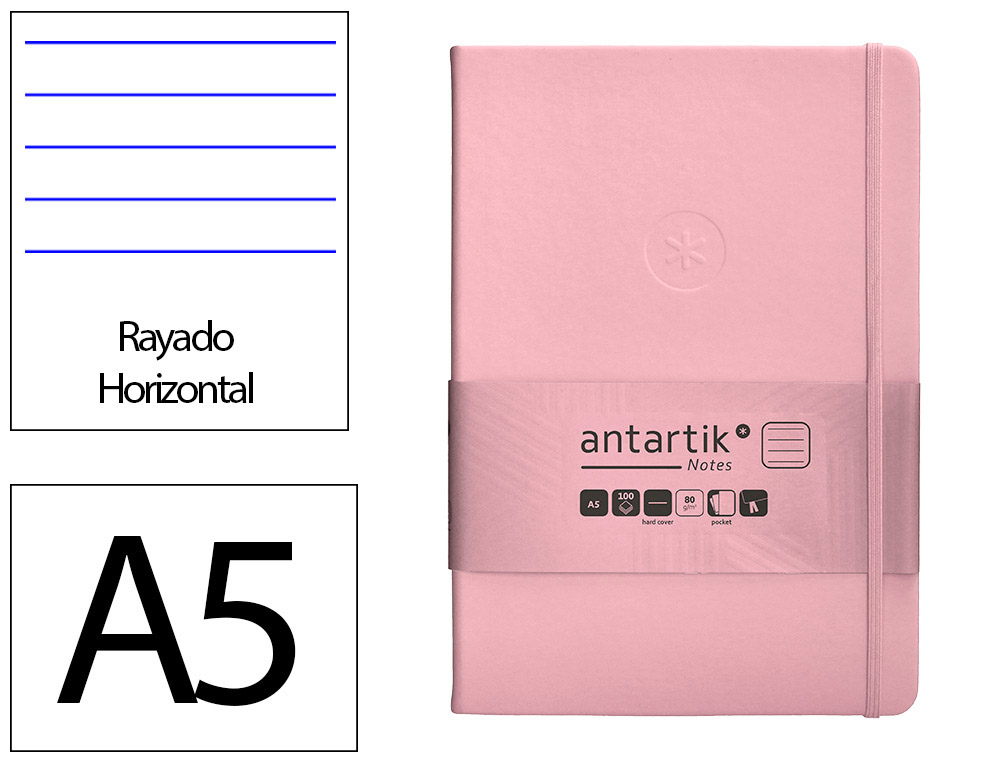 CADERNO COM ELASTICO ANTARTIK NOTES CAPA DURA A5 PAUTADO ROSA PASTEL 100 FOLHAS 80 GR FSC