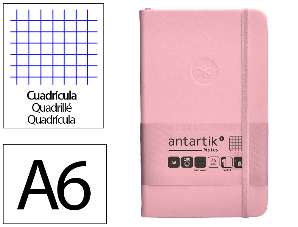 CADERNO COM ELASTICO ANTARTIK NOTES CAPA DURA A6 QUADRICULADO ROSA PASTEL 100 FOLHAS 80 GR FSC