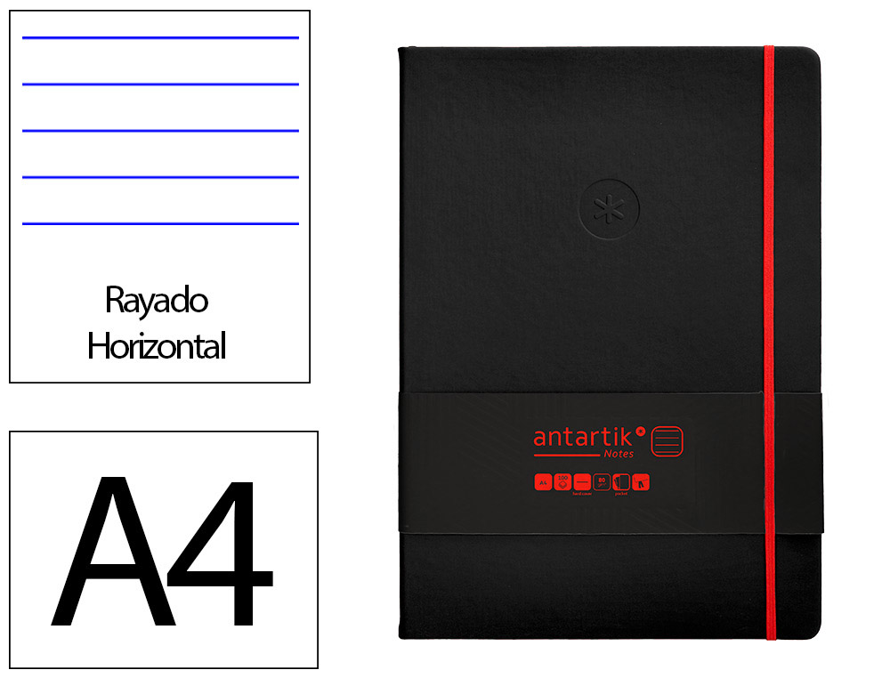 CADERNO COM ELASTICO ANTARTIK NOTES CAPA DURA A4 PAUTADO PRETO E VERMELHO 100 FOLHAS 80 GR FSC