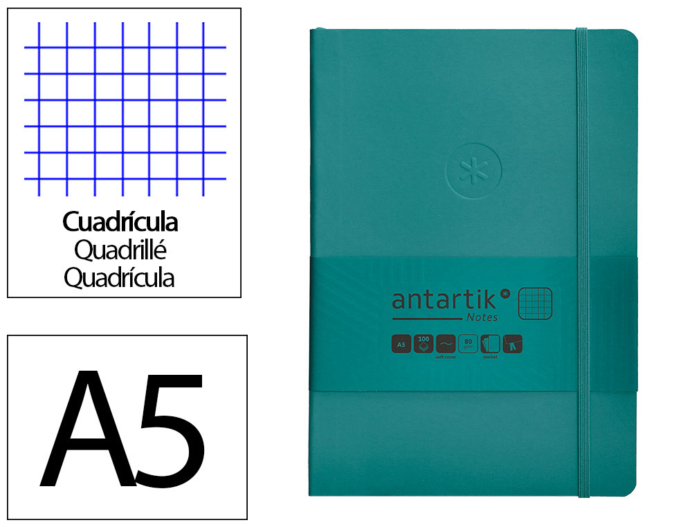CADERNO COM ELASTICO ANTARTIK NOTES CAPA MOLE A5 QUADRICULADO VERDE AGUA-MARINHA 80 FOLHAS 80 GR FSC