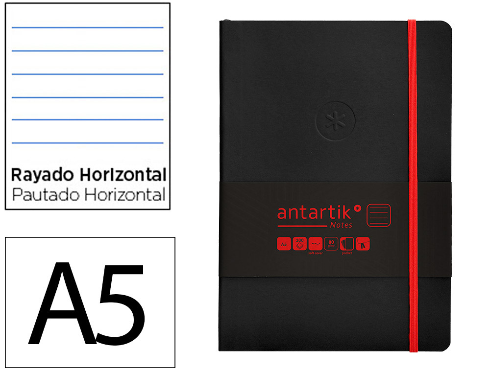CADERNO COM ELASTICO ANTARTIK NOTES CAPA MOLE A5 PAUTADO PRETO E VERMELHO 80 FOLHAS 80 GR FSC