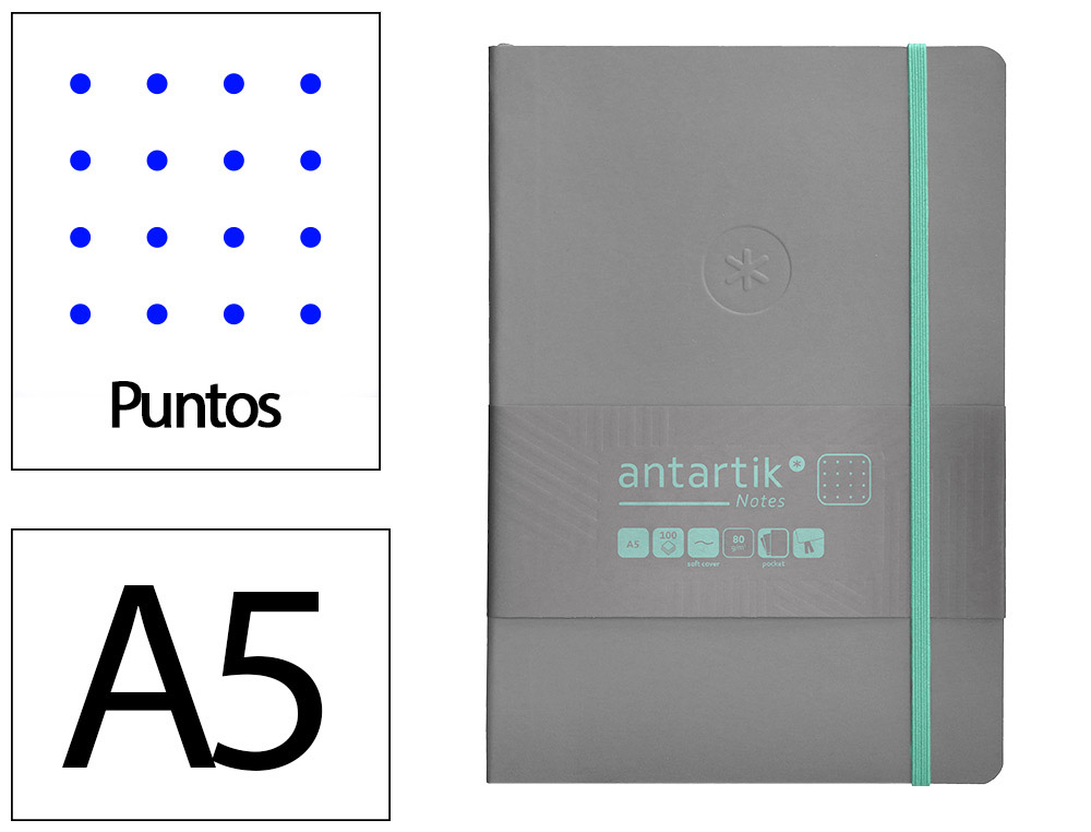 CADERNO COM ELASTICO ANTARTIK NOTES CAPA MOLE A5 PONTILHADO CINZA E TURQUESA 80 FOLHAS 80 GR FSC