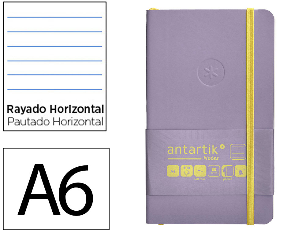 CADERNO COM ELASTICO ANTARTIK NOTES CAPA MOLE A6 PAUTADO ROXO E AMARELO 100 FOLHAS 80 GR FSC