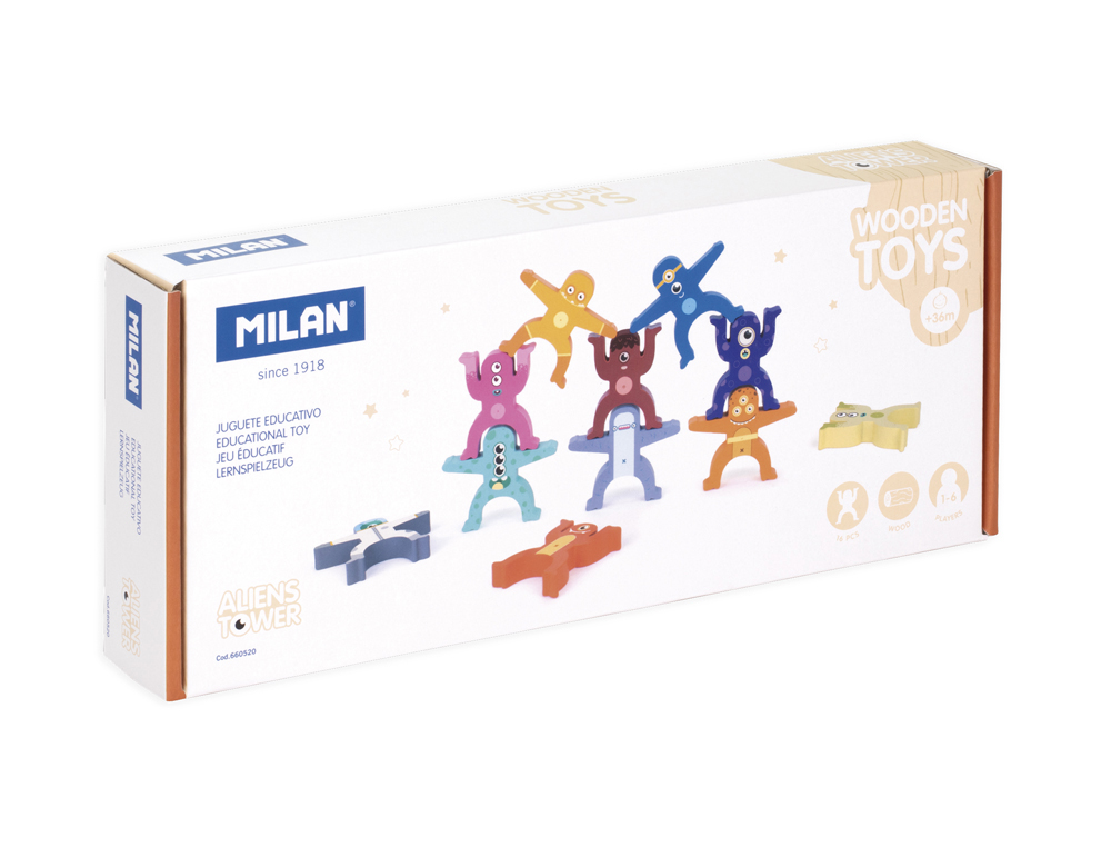 JOGO EDUCATIVO MILAN FIGURAS MADEIRA EMPILHAVEIS ALIENS TOWER