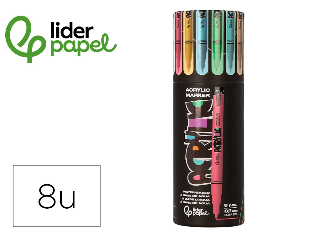 MARCADOR LIDERPAPEL ACRYLIC BASE AGUA TODO TIPO DE SUPERFICIE PONTA FINA 0,7 MM CAIXA DE 8 UND CORES PASTEL