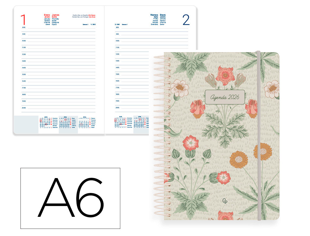 AGENDA ESPIRAL LIDERPAPEL SANTORINI A6 2026 DIA PAGINA CREME PAPEL 60 GR FSC