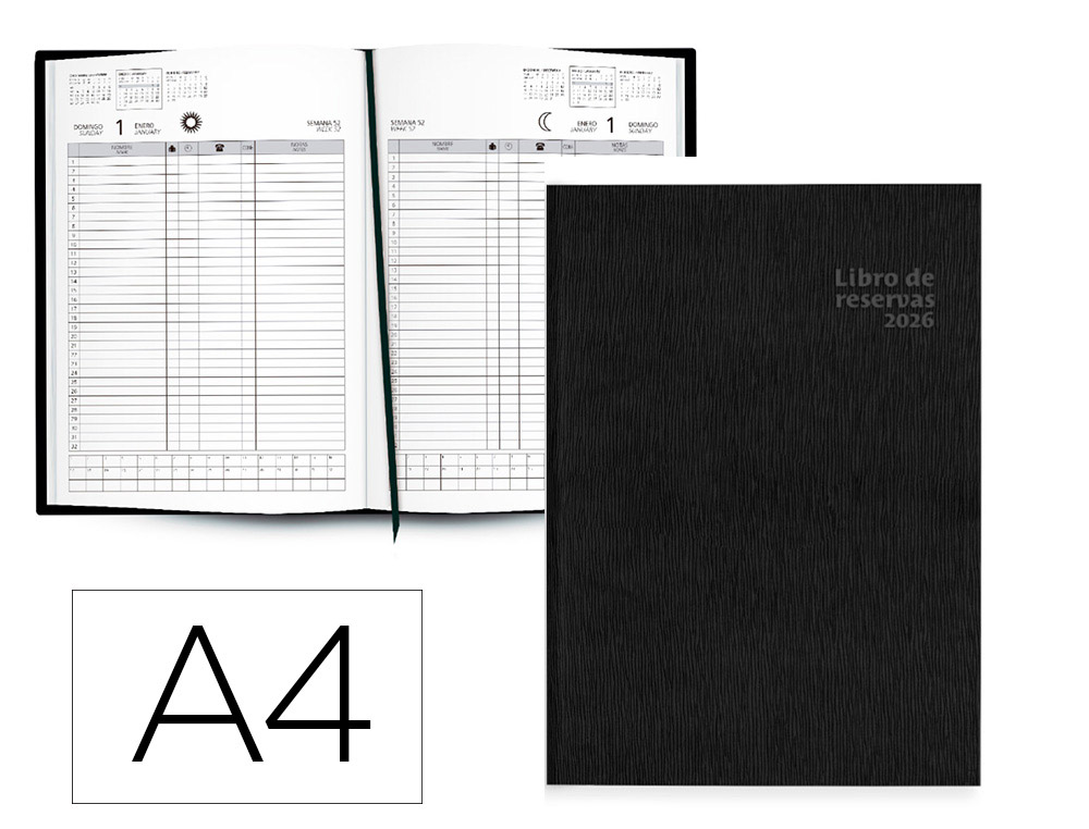 AGENDA ENCADERNADA LIDERPAPEL RESERVAS A4 2026 DIA PAGINA PRETO PAPEL 70 GR FSC