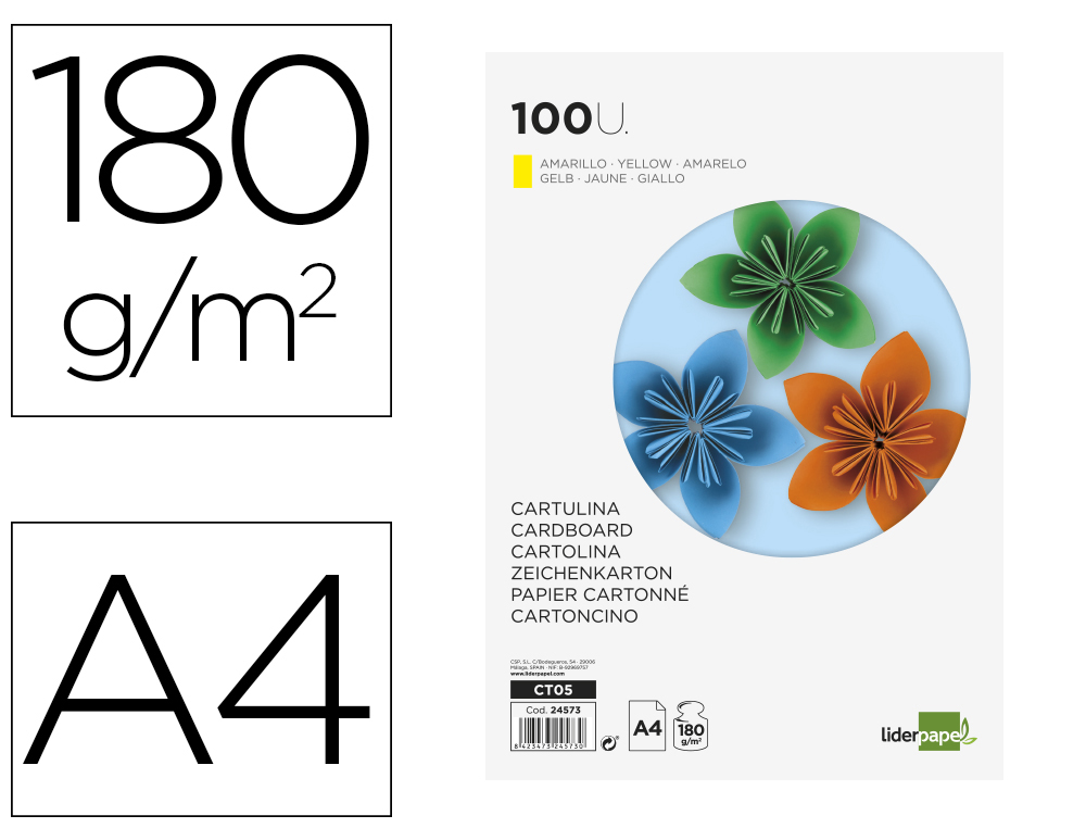 CARTOLINA LIDERPAPEL DIN A4 180 GR AMARELA PACK DE 100 UNIDADES