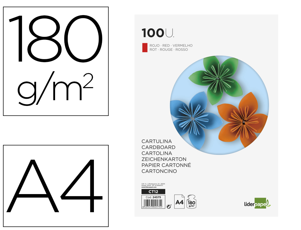 CARTOLINA LIDERPAPEL DIN A4 180 GR VERMELHA PACK DE 100 UNIDADES
