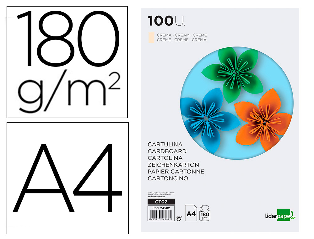 CARTOLINA LIDERPAPEL DIN A4 180 GR CREME PACK DE 100 UNIDADES