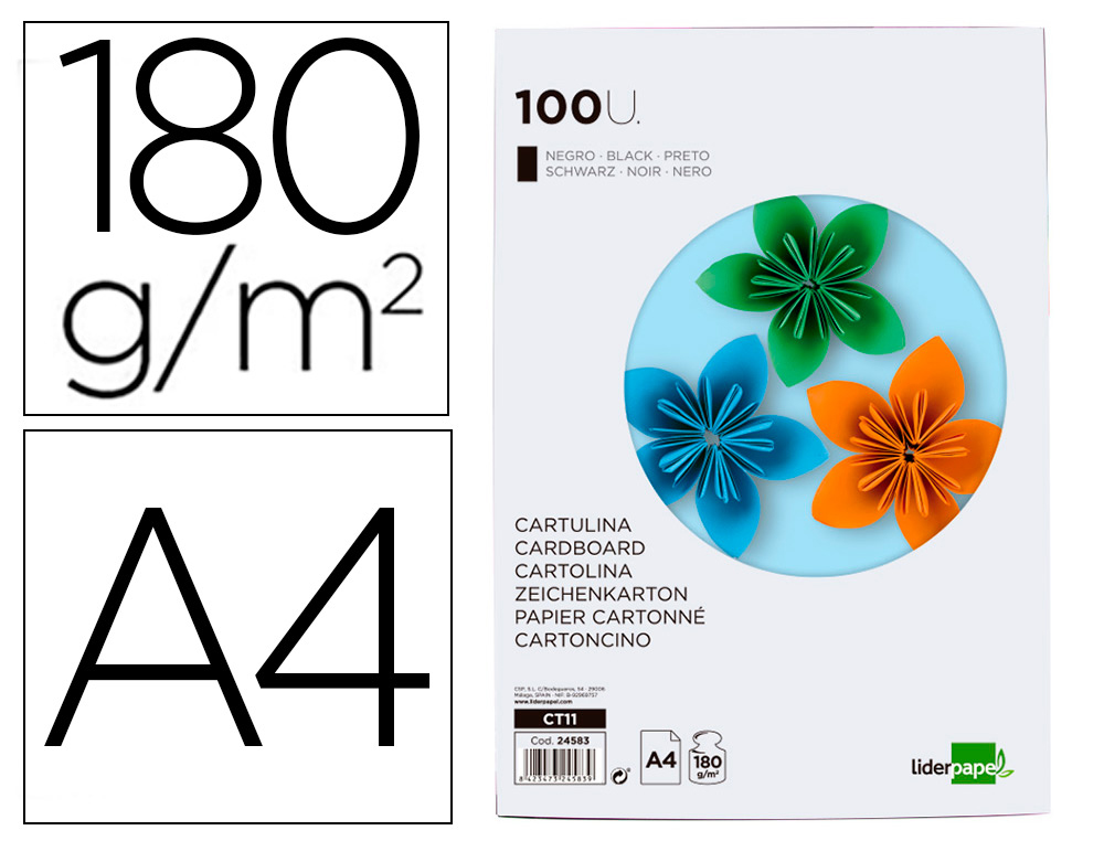 CARTOLINA LIDERPAPEL DIN A4 180 GR PRETO PACK DE 100 UNIDADES