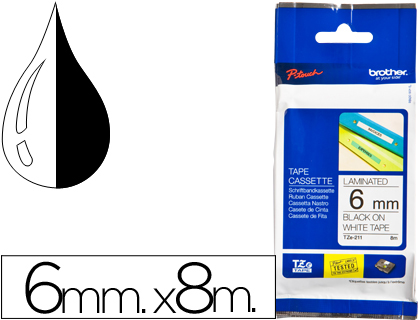 FITA BROTHER TZ-211 LAMINADA BRANCO-PRETO 6MM X 8M