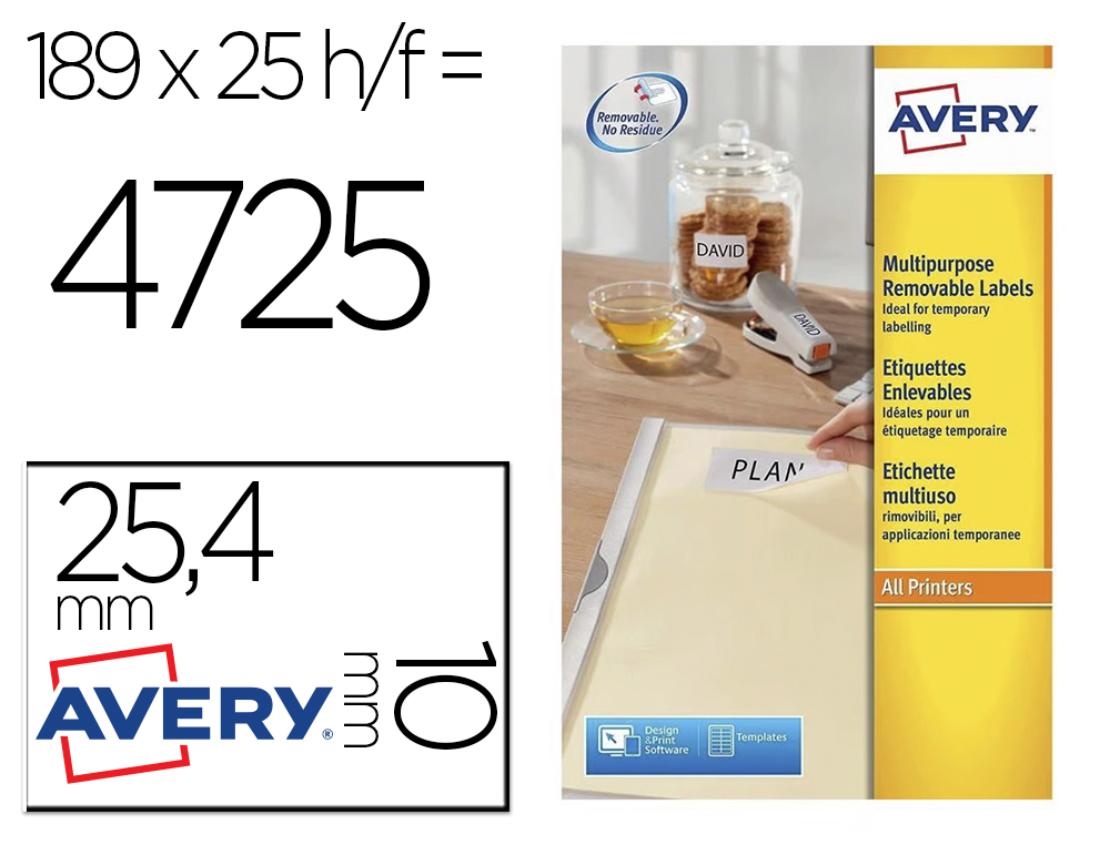 ETIQUETAS ADESIVAS DIN A4 REMOVIVEIS, PACK DE 25, 25,4 X 10 MM