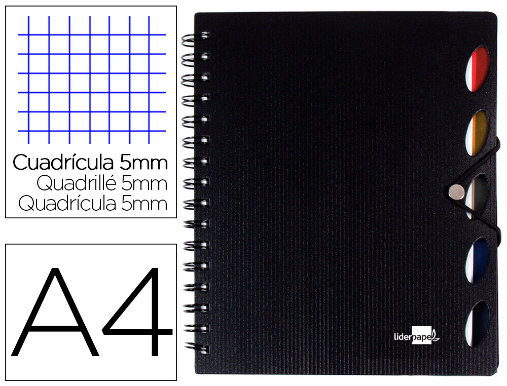 CADERNO ESPIRAL LIDERPAPEL A4 MICRO EXECUTIVE CAPA PLASTICO 100 F 80 GR QUADRICULA 5MM 5 SEPARADORES COM ELASTICO PRETO