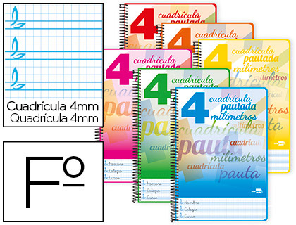 BLOC ESPIRAL LIDERPAPEL TAPA CARTONCILLO FOLIO 80 HOJAS CUADRICULADO PAUTADO 4 MM 70 GRS CON MARGEN COLORES