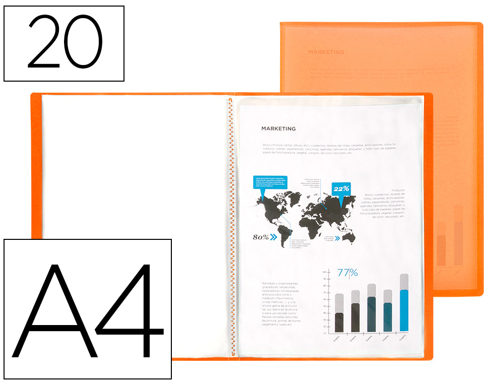 CAPA CATALOGO LIDERPAPEL 20 BOLSAS POLIPROPILENO DIN A4 TRASLUCIDA LARANJA FROSTY