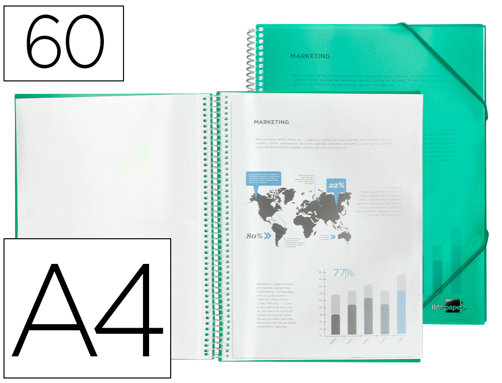 CAPA CATALOGO LIDERPAPEL COM ESPIRAL 60 BOLSAS POLIPROPILENO DIN A4 VERDE