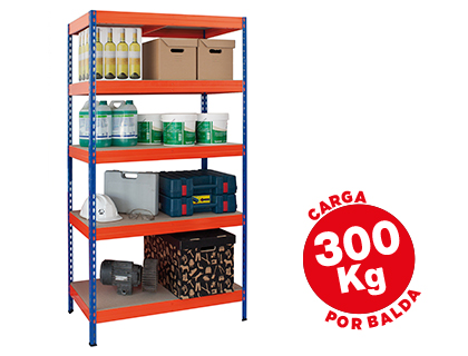 ESTANTE AR STORAGE METALICA 192X100X50CM 5 PRATELEIRAS 300KG POR PRAT. EM MADEIRA SEM PARAFUSOS. COR AZUL/LARANJA