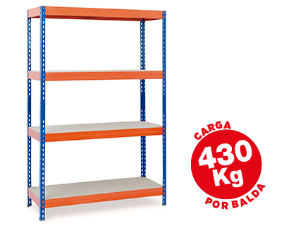 ESTANTE AR STORAGE METALICA 200X100X60CM 4 PRATELEIRAS 430KG POR PRAT. EM MADEIRA SEM PARAFUSOS COR AZUL/LARANJA